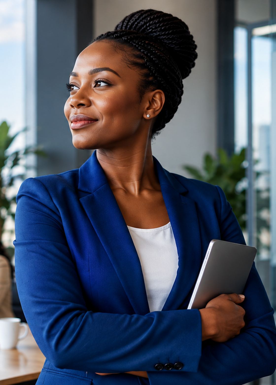 A Nigerian HR leader in a boardroom, colleagues in discussion behind her