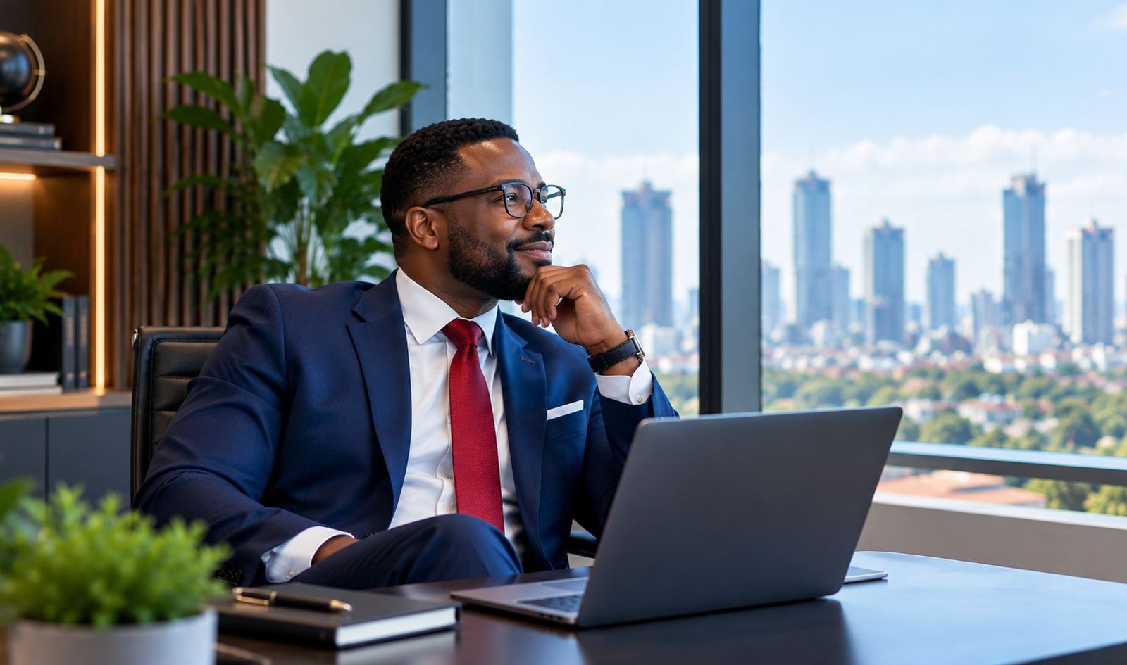 A business owner working at his desk overlooking the city