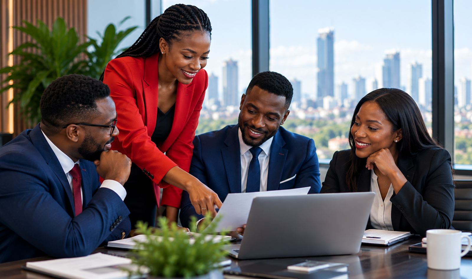 A leadership team reviewing plans together around a boardroom table